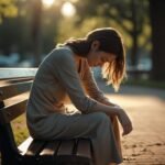 Femme sur un banc ayant l'air triste et déçue. Les mains sur ses genoux et le regard vers le sol. Elle vit une rupture amoureuse