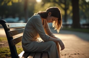 Femme sur un banc ayant l'air triste et déçue. Les mains sur ses genoux et le regard vers le sol. Elle vit une rupture amoureuse
