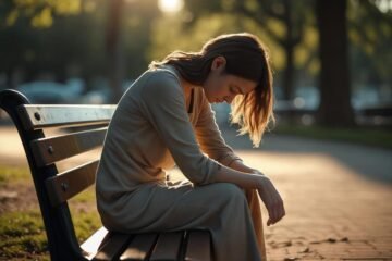 Femme sur un banc ayant l'air triste et déçue. Les mains sur ses genoux et le regard vers le sol. Elle vit une rupture amoureuse