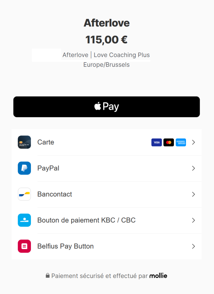 Réservation - Page Paiement Mollie FAQ